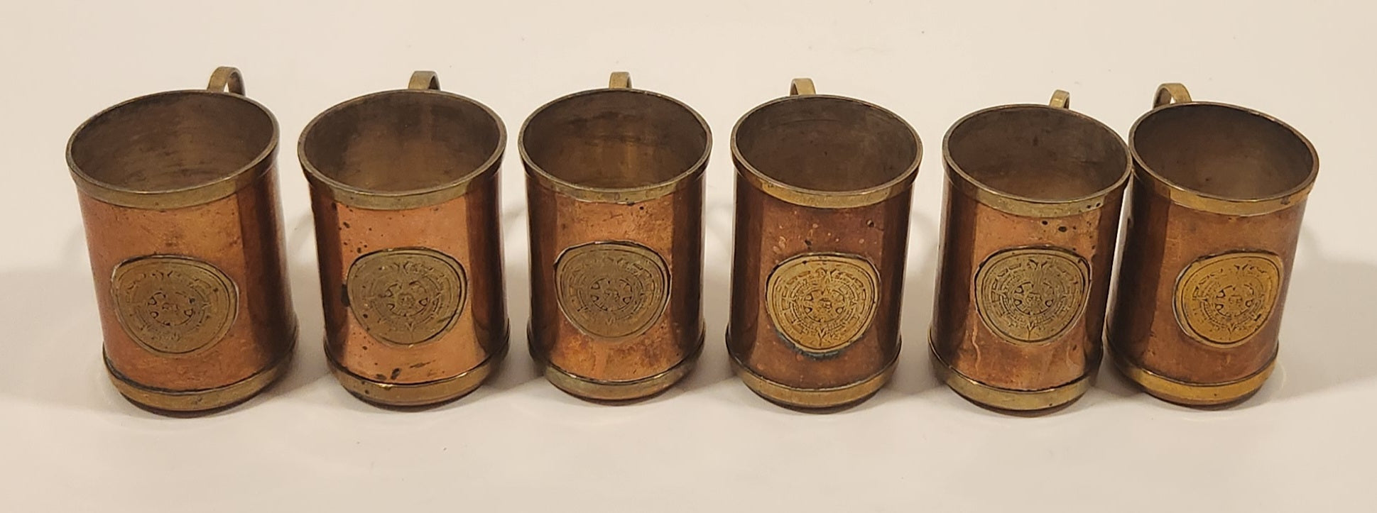 Antique Brass and Copper Aztec Mayan Calendar Small Mug Set of 6 4