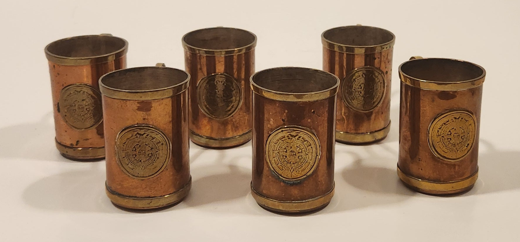 Antique Brass and Copper Aztec Mayan Calendar Small Mug Set of 6 2