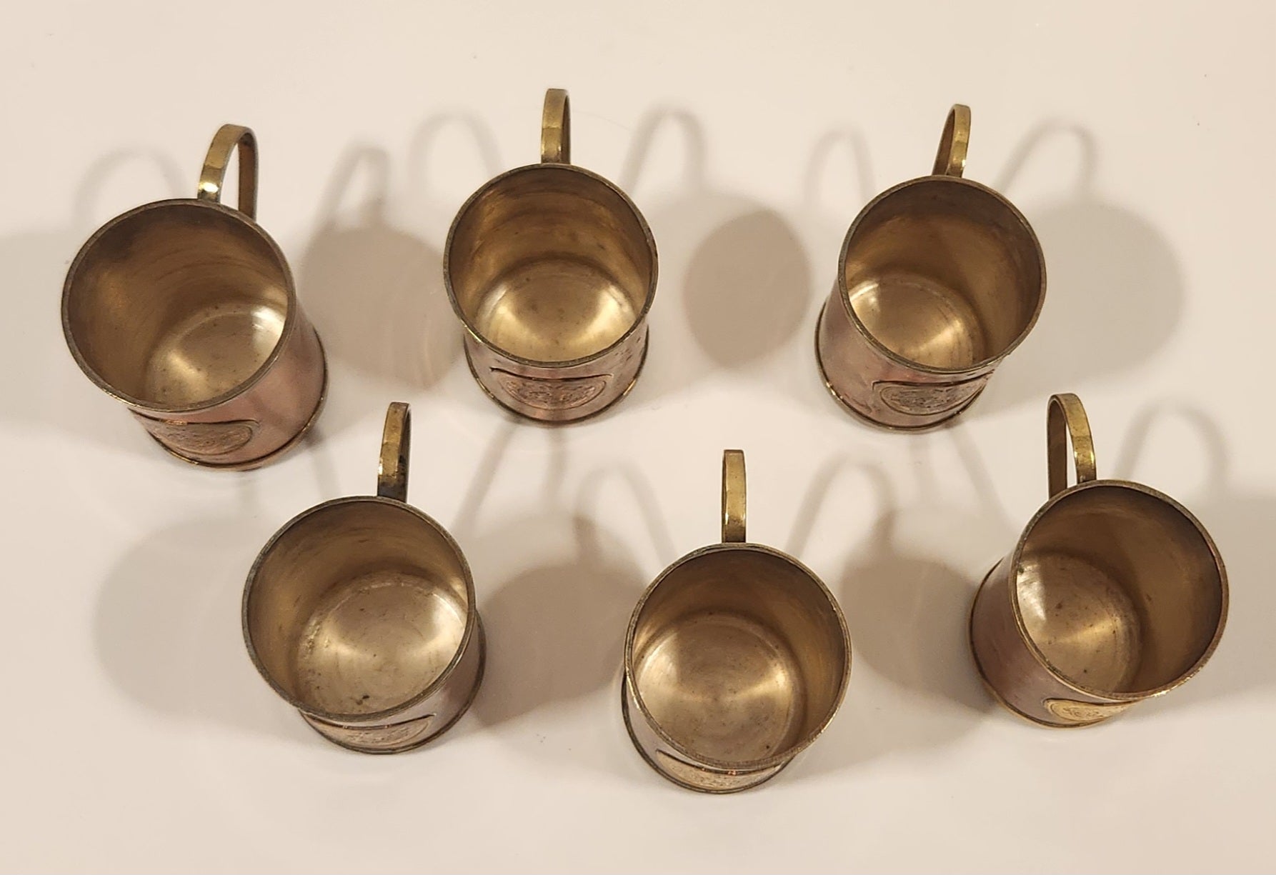 Antique Brass and Copper Aztec Mayan Calendar Small Mug Set of 6 7