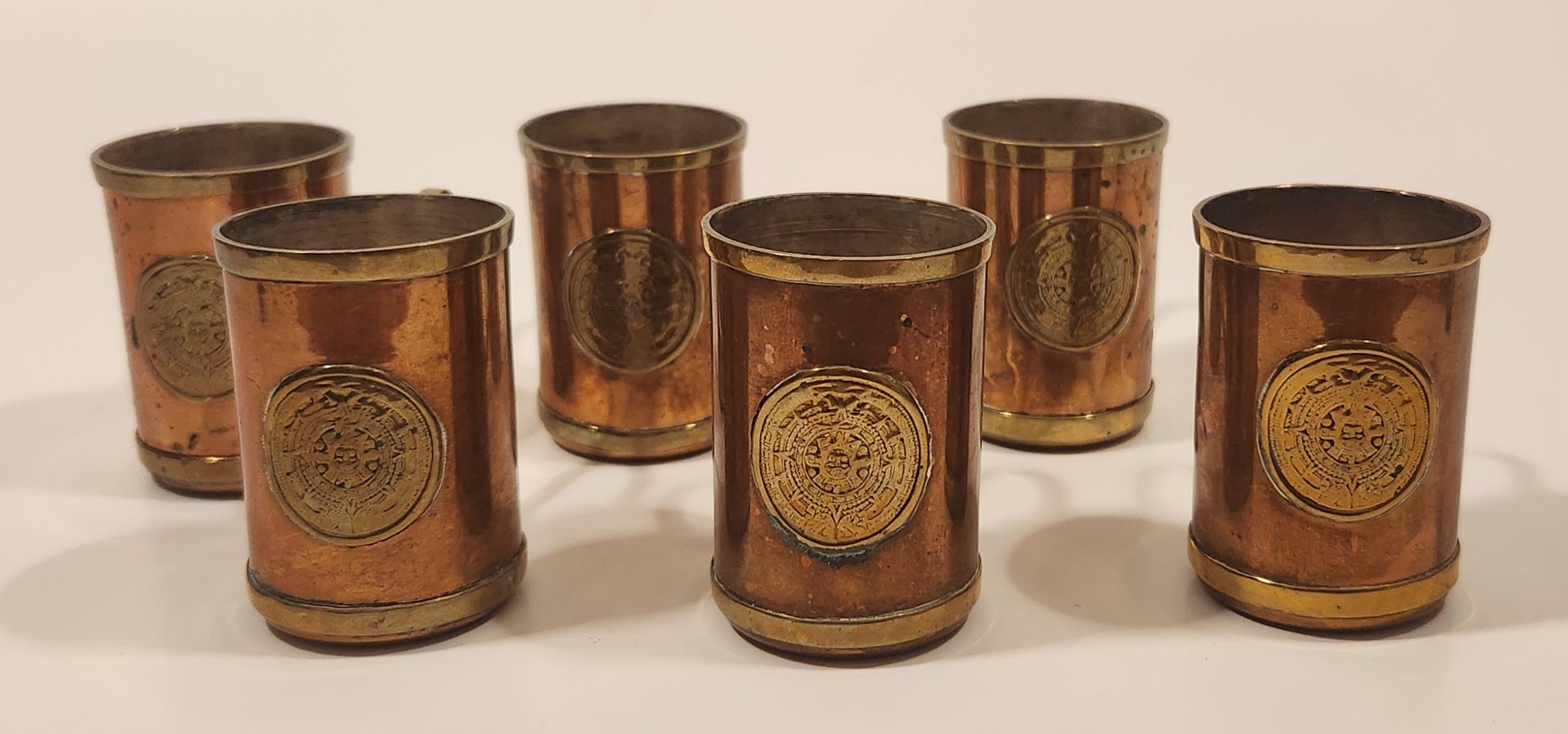 Antique Brass and Copper Aztec Mayan Calendar Small Mug Set of 6 6