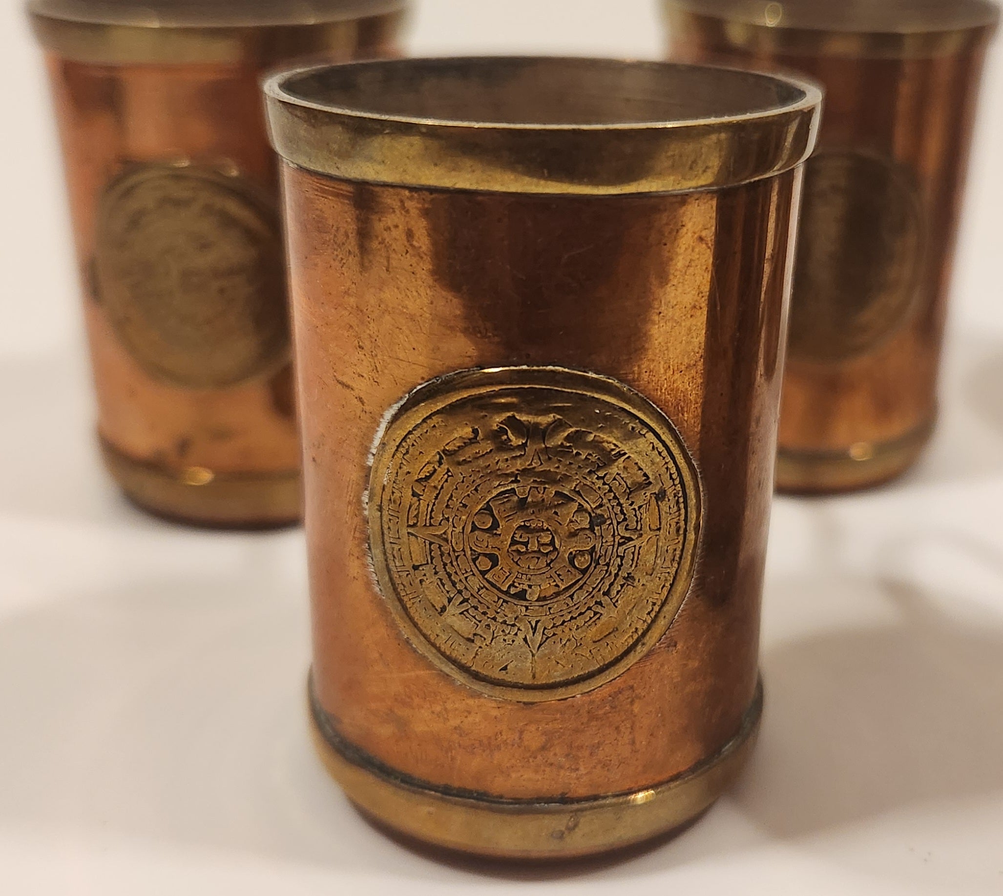 Antique Brass and Copper Aztec Mayan Calendar Small Mug Set of 6 5