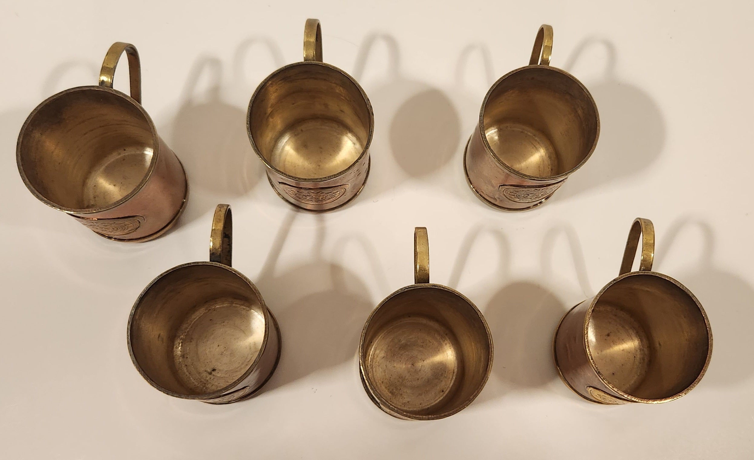 Antique Brass and Copper Aztec Mayan Calendar Small Mug Set of 6 9