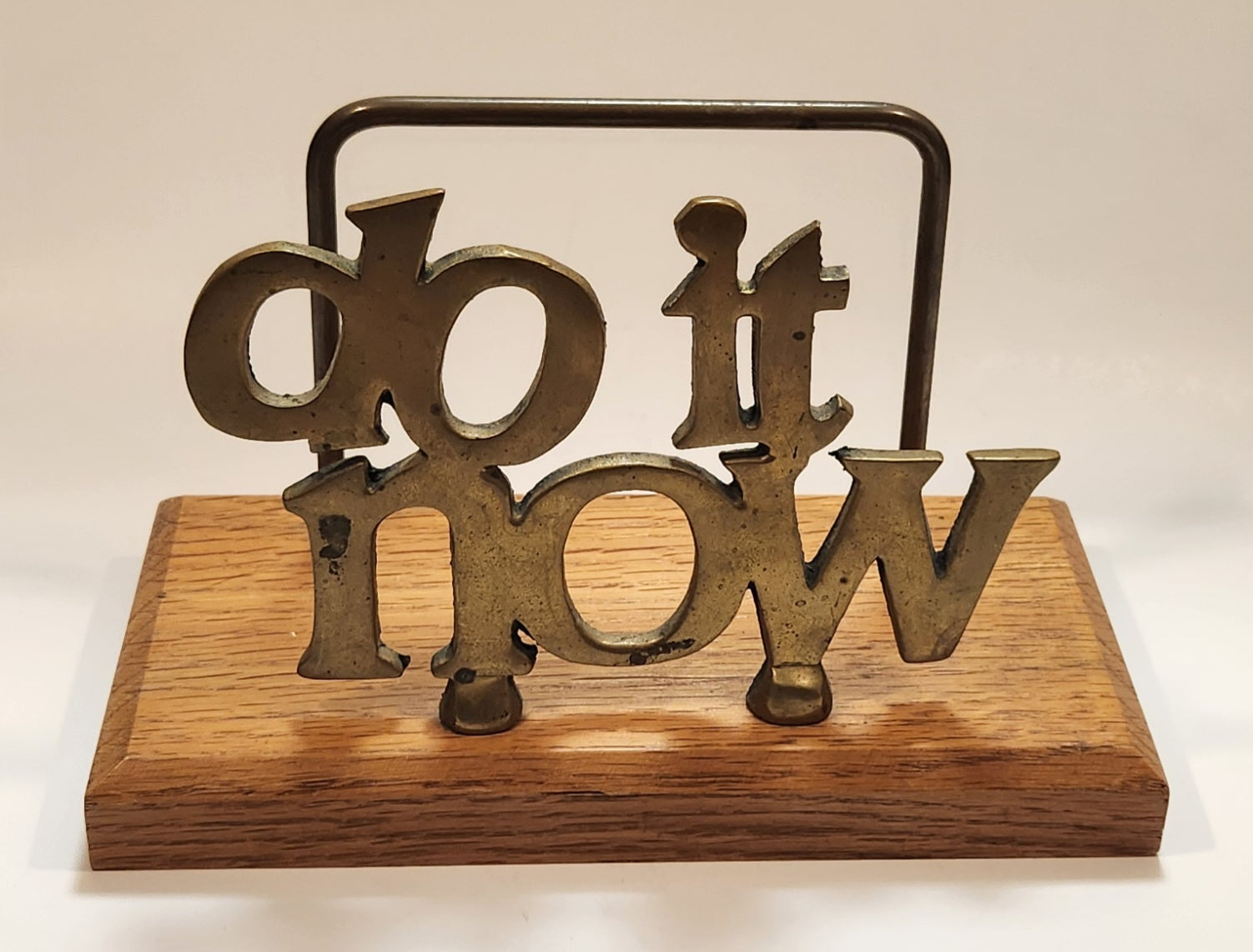 Vintage "Do It Now" Solid Brass and Oak Wood Desktop Office Bill Letter Folder Holder 2
