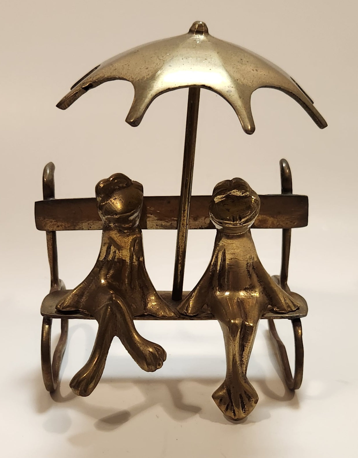 Frog Couple on Bench with Umbrella 5" Tall Brass Ornament Made in India 2