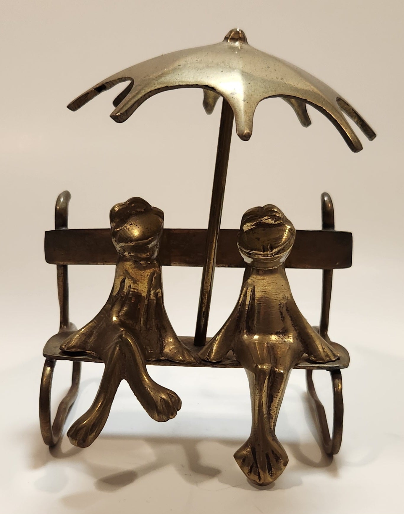 Frog Couple on Bench with Umbrella 5" Tall Brass Ornament Made in India 6
