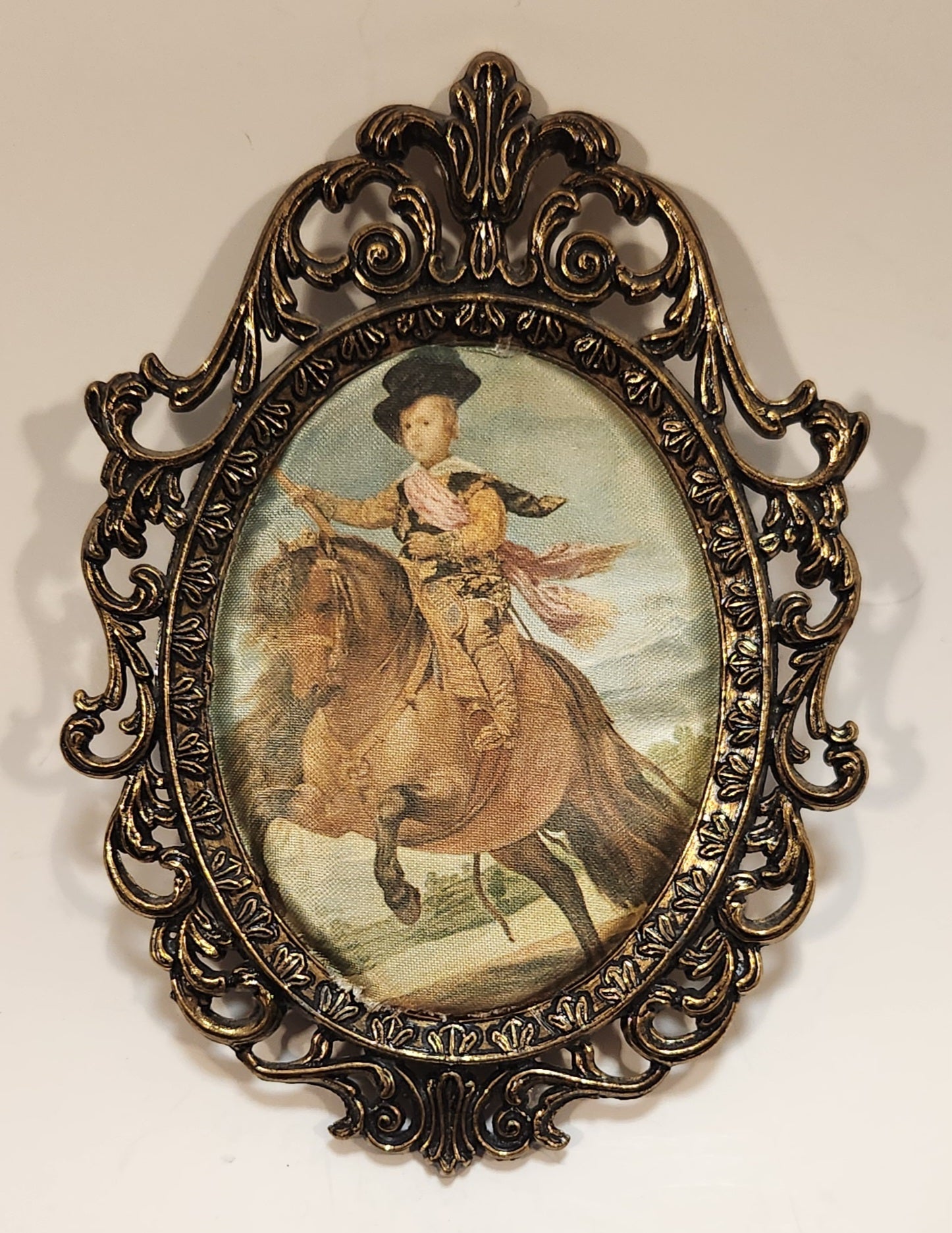 Vintage Balthasar Charles, Prince of Asturias On Silk In Ornate Brass Metal Picture Frame Made in Italy