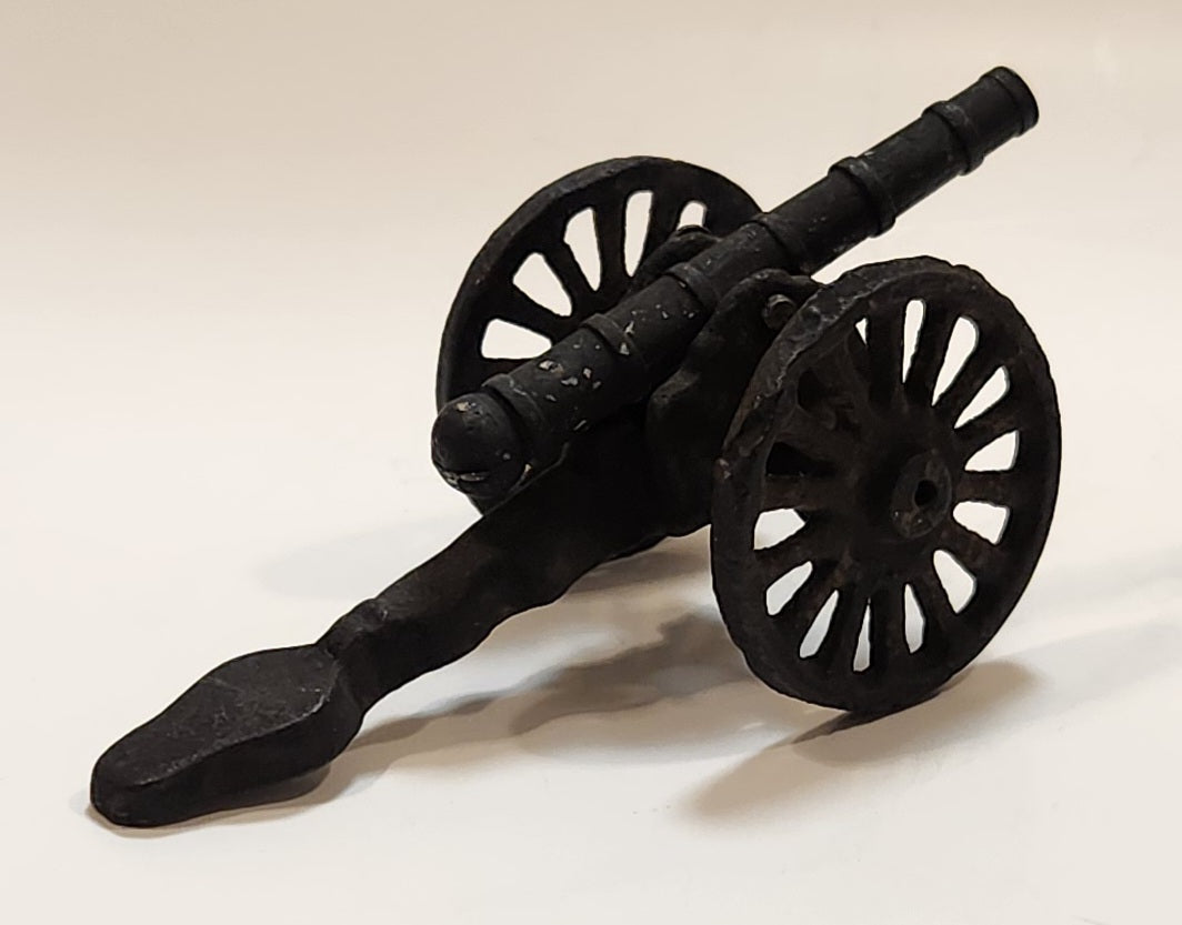 Vintage Cast Iron Metal 4 1/2" Long Toy Artillery Cannon with Rolling Wheels