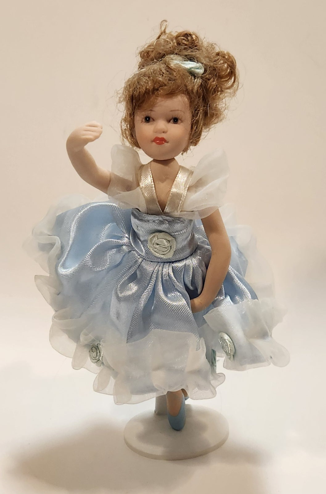 Ballerina Girl in Blue Dress 8" Tall Poseable Bisque Porcelain Doll with Stand 2