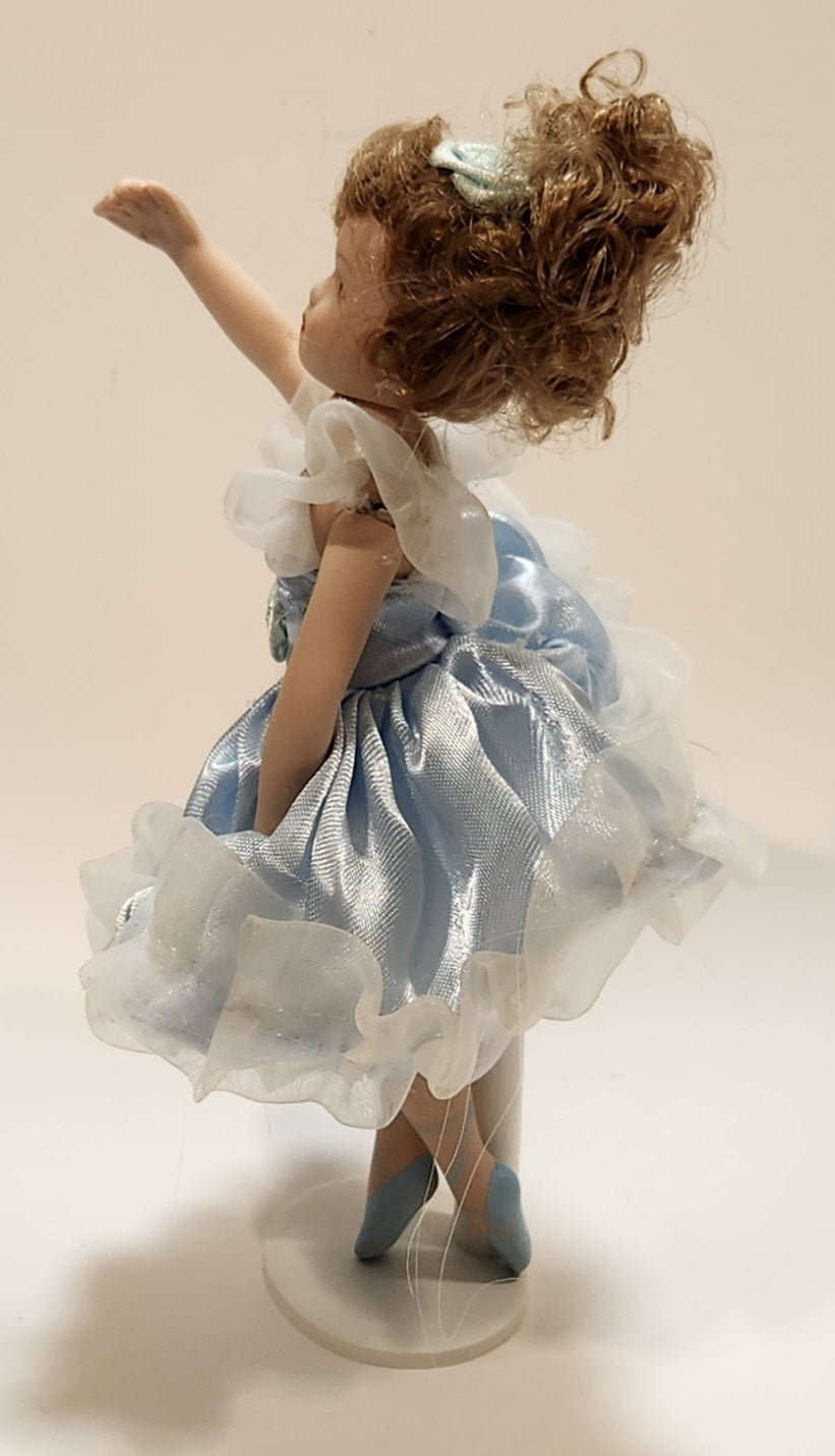 Ballerina Girl in Blue Dress 8" Tall Poseable Bisque Porcelain Doll with Stand 3