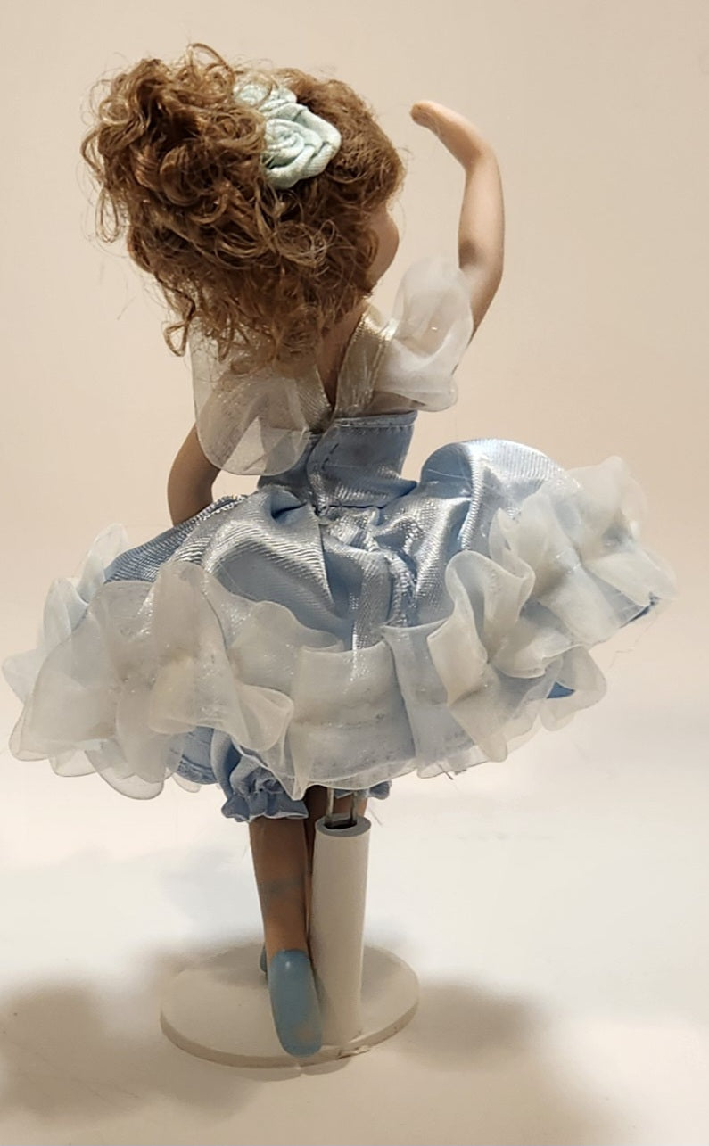 Ballerina Girl in Blue Dress 8" Tall Poseable Bisque Porcelain Doll with Stand 4