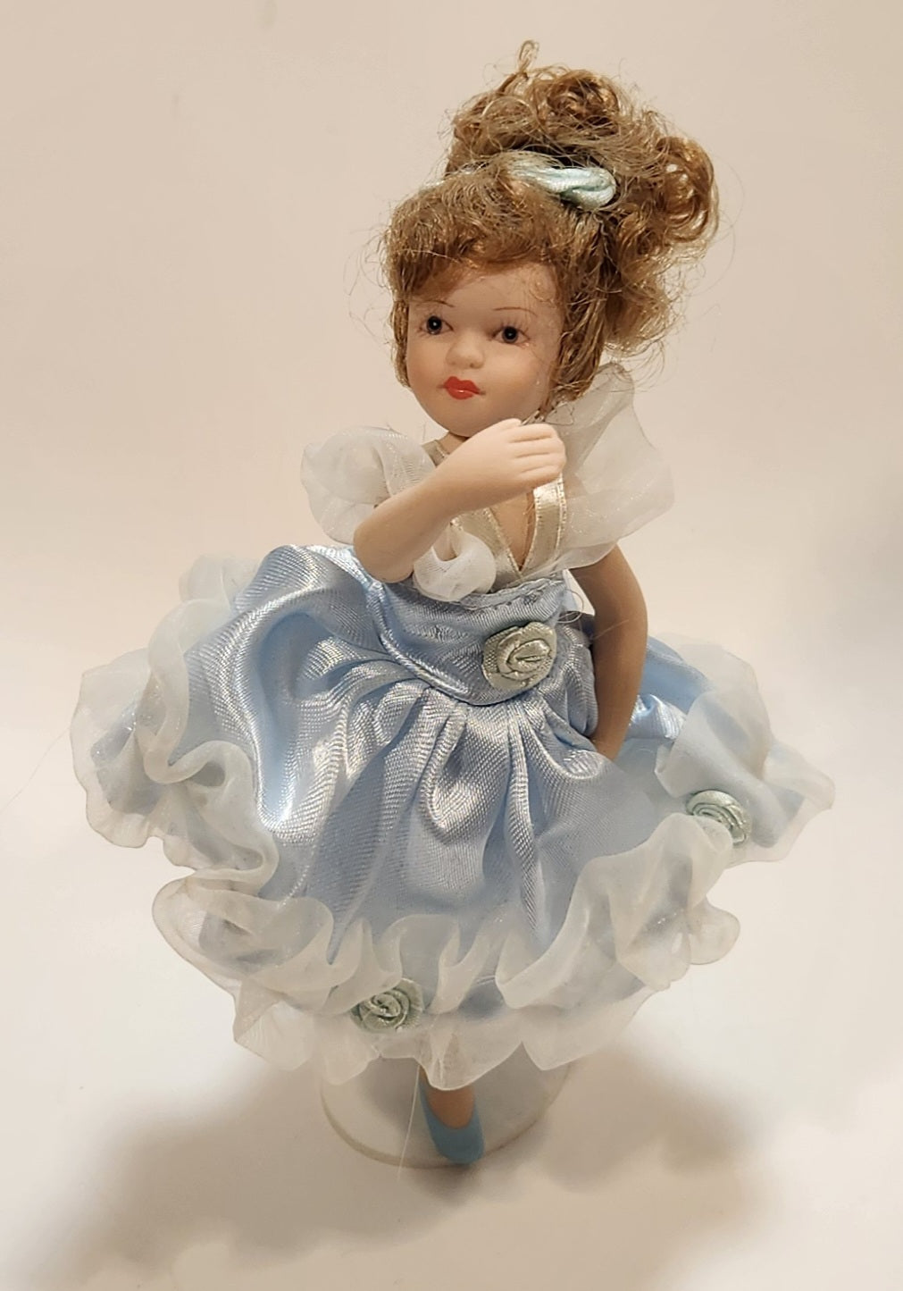 Ballerina Girl in Blue Dress 8" Tall Poseable Bisque Porcelain Doll with Stand 6