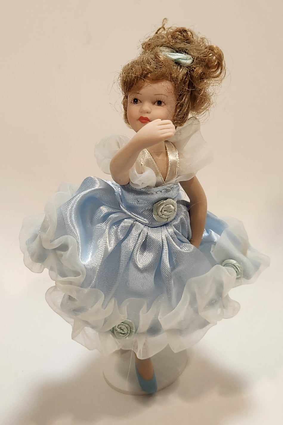 Ballerina Girl in Blue Dress 8" Tall Poseable Bisque Porcelain Doll with Stand 7
