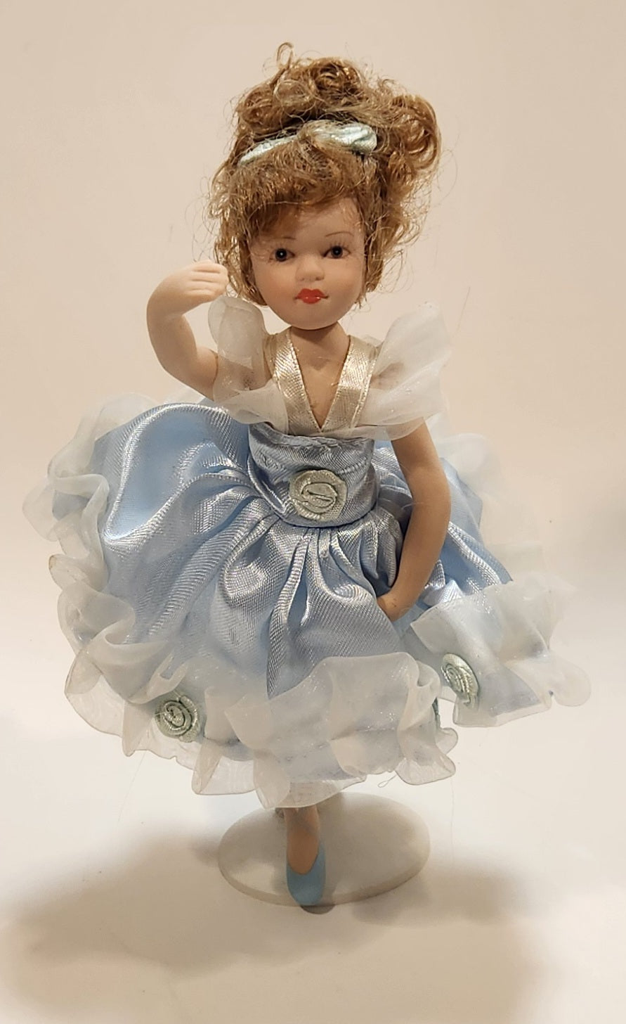 Ballerina Girl in Blue Dress 8" Tall Poseable Bisque Porcelain Doll with Stand