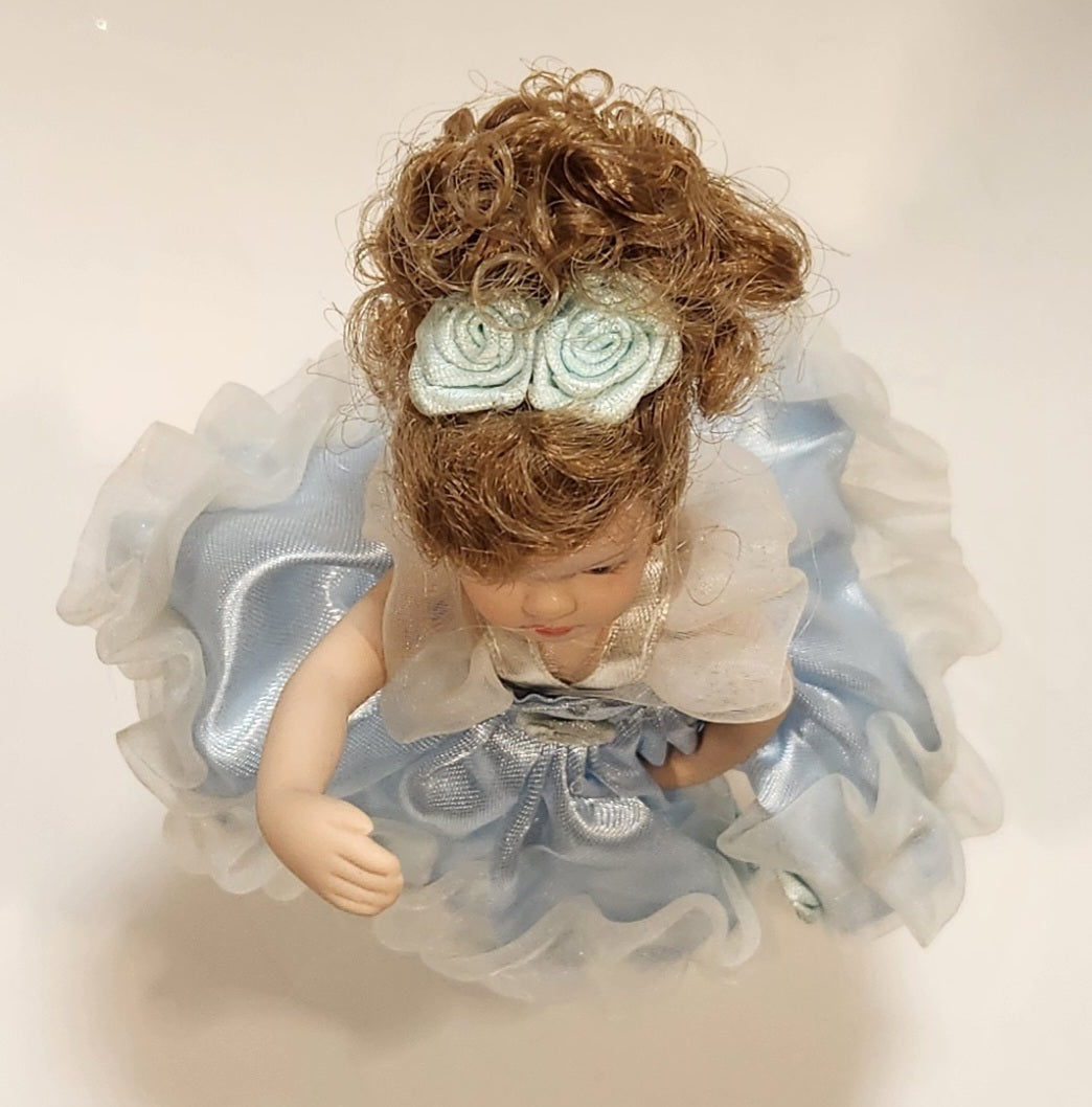 Ballerina Girl in Blue Dress 8" Tall Poseable Bisque Porcelain Doll with Stand 8