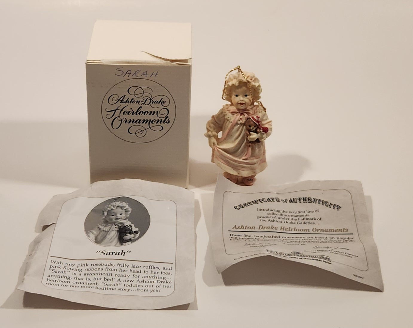 1993 Ashton Drake Heirloom Ornaments Sarah with Brown Teddy Bear Porcelain Figurine by Yolanda Bello 2