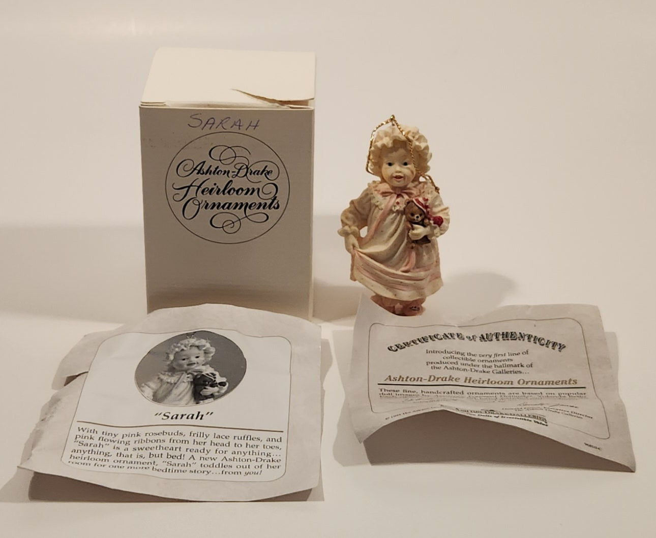 1993 Ashton Drake Heirloom Ornaments Sarah with Brown Teddy Bear Porcelain Figurine by Yolanda Bello