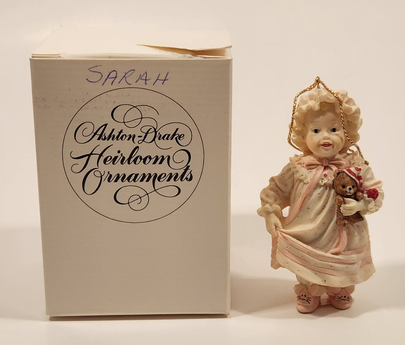 1993 Ashton Drake Heirloom Ornaments Sarah with Brown Teddy Bear Porcelain Figurine by Yolanda Bello 3