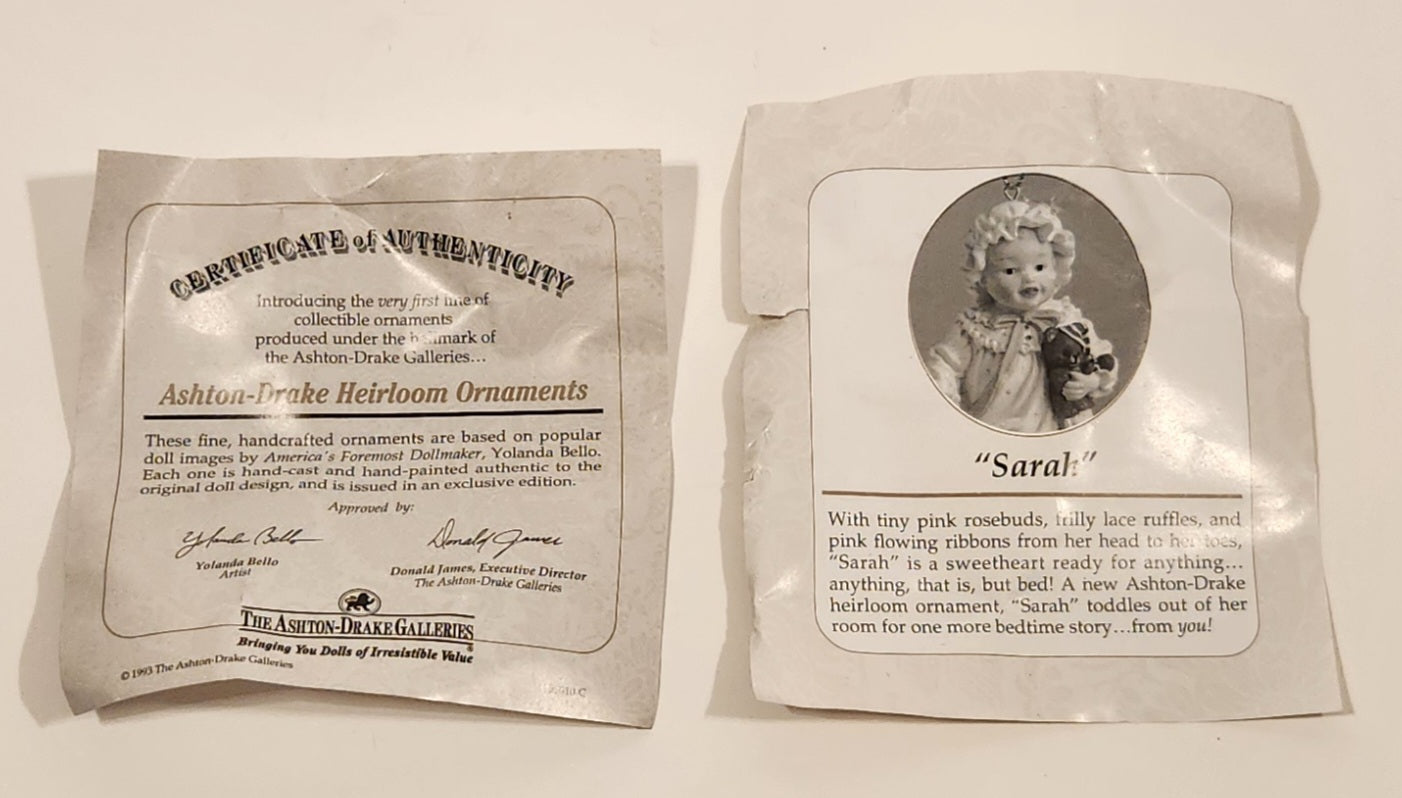 1993 Ashton Drake Heirloom Ornaments Sarah with Brown Teddy Bear Porcelain Figurine by Yolanda Bello 10