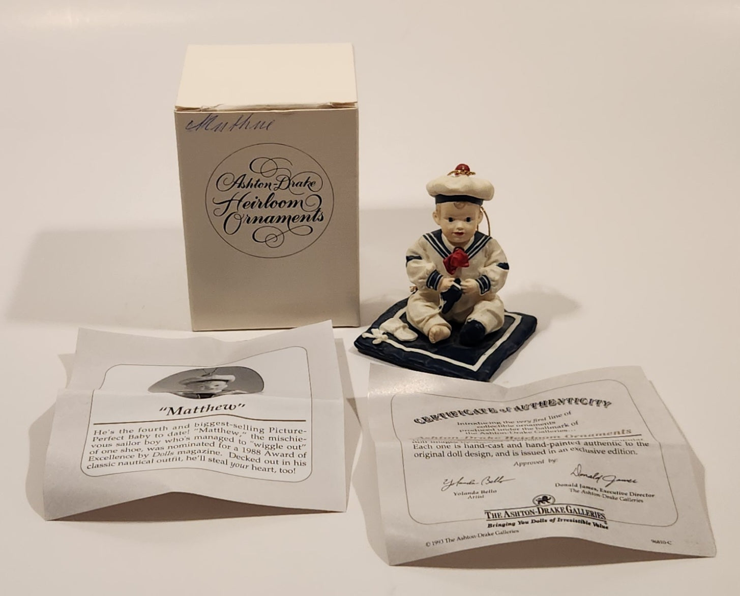 1993 Ashton Drake Heirloom Ornaments Matthew Porcelain Figurine by Yolanda Bello