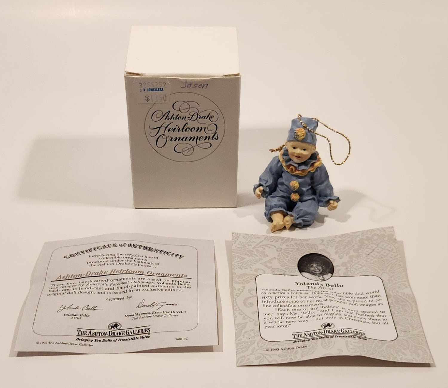 1993 Ashton Drake Heirloom Ornaments Jason in Blue Clown Suit Porcelain Figurine by Yolanda Bello 2