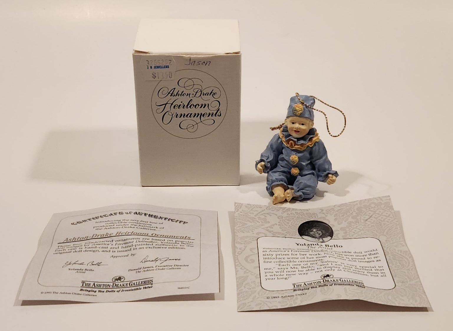 1993 Ashton Drake Heirloom Ornaments Jason in Blue Clown Suit Porcelain Figurine by Yolanda Bello