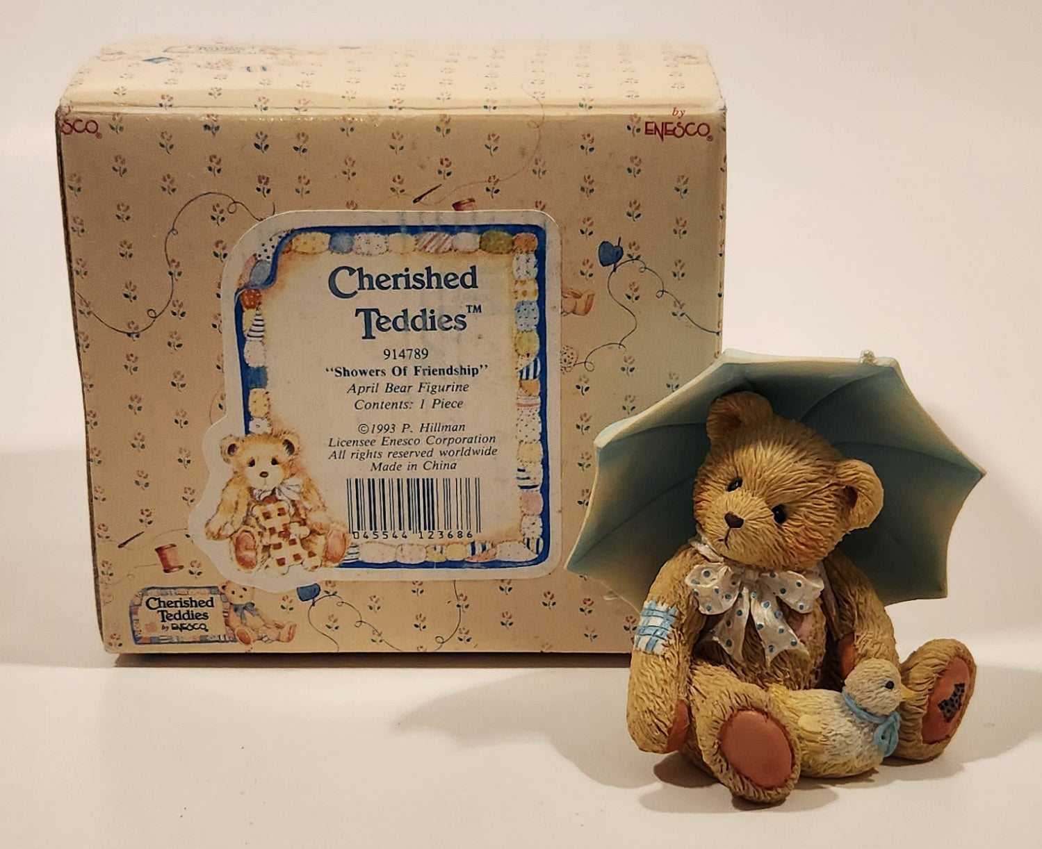 1993 Enesco Cherished Teddies 914789 "Showers Of Friendship" Alan April Bear Resin Figurine New in Box