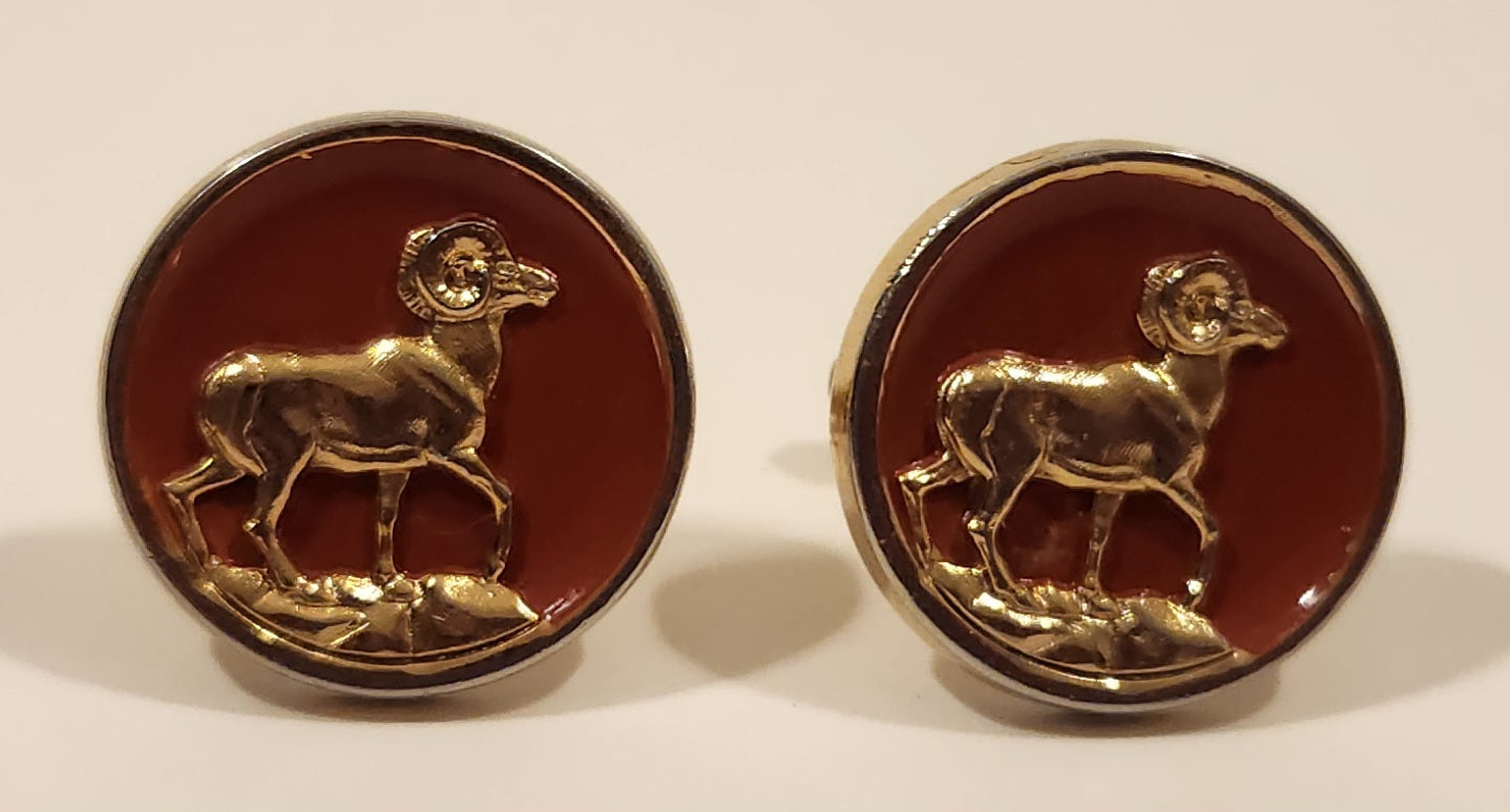 Big Horn Sheep Ram Standing on Cliff Red Background Gold Tone Cufflinks 3