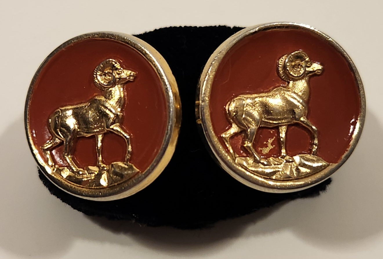 Big Horn Sheep Ram Standing on Cliff Red Background Gold Tone Cufflinks 2