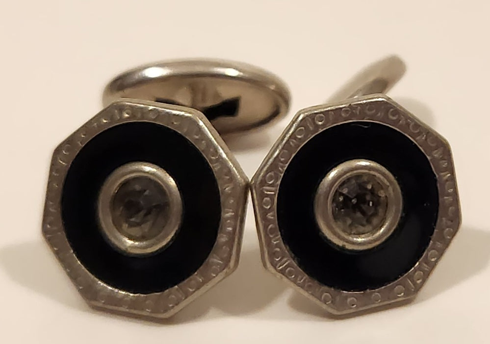 Antique Edwardian Black Enamel Rhinestone Octagonal Shaped Silver Tone Cufflinks 2
