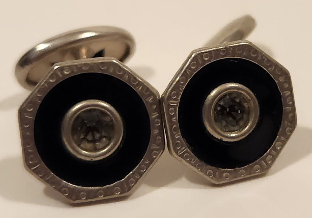 Antique Edwardian Black Enamel Rhinestone Octagonal Shaped Silver Tone Cufflinks 3