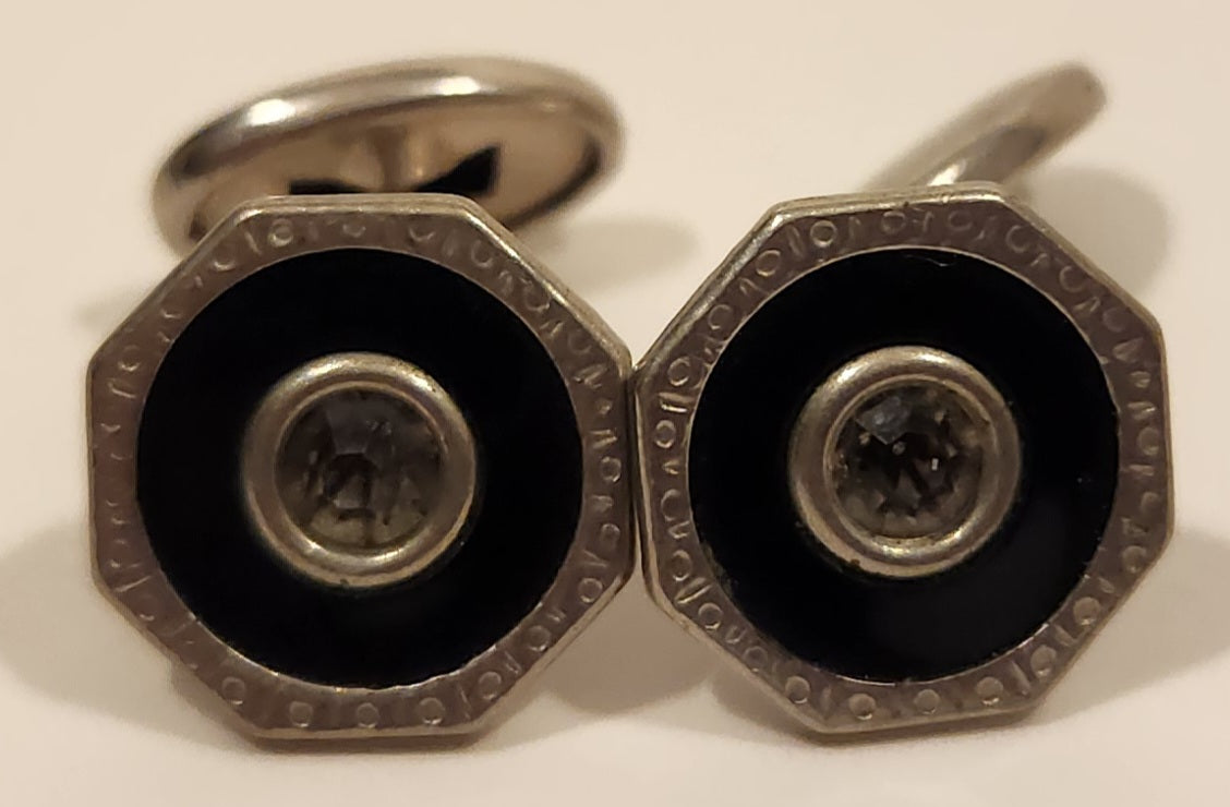 Antique Edwardian Black Enamel Rhinestone Octagonal Shaped Silver Tone Cufflinks 4