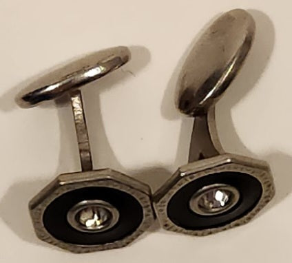 Antique Edwardian Black Enamel Rhinestone Octagonal Shaped Silver Tone Cufflinks 5