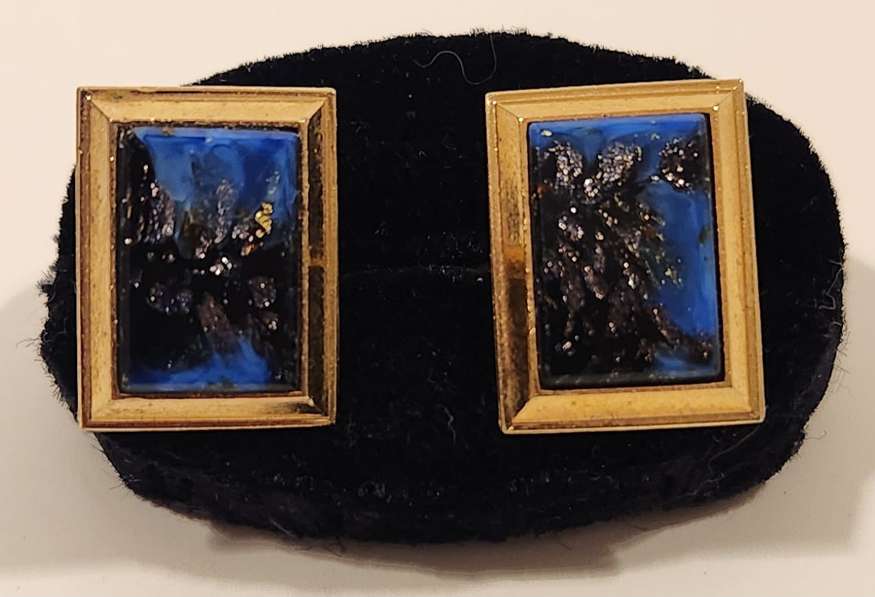 Vintage Blue Black Cosmic Sparkling Night Sky Gold Tone Cufflinks