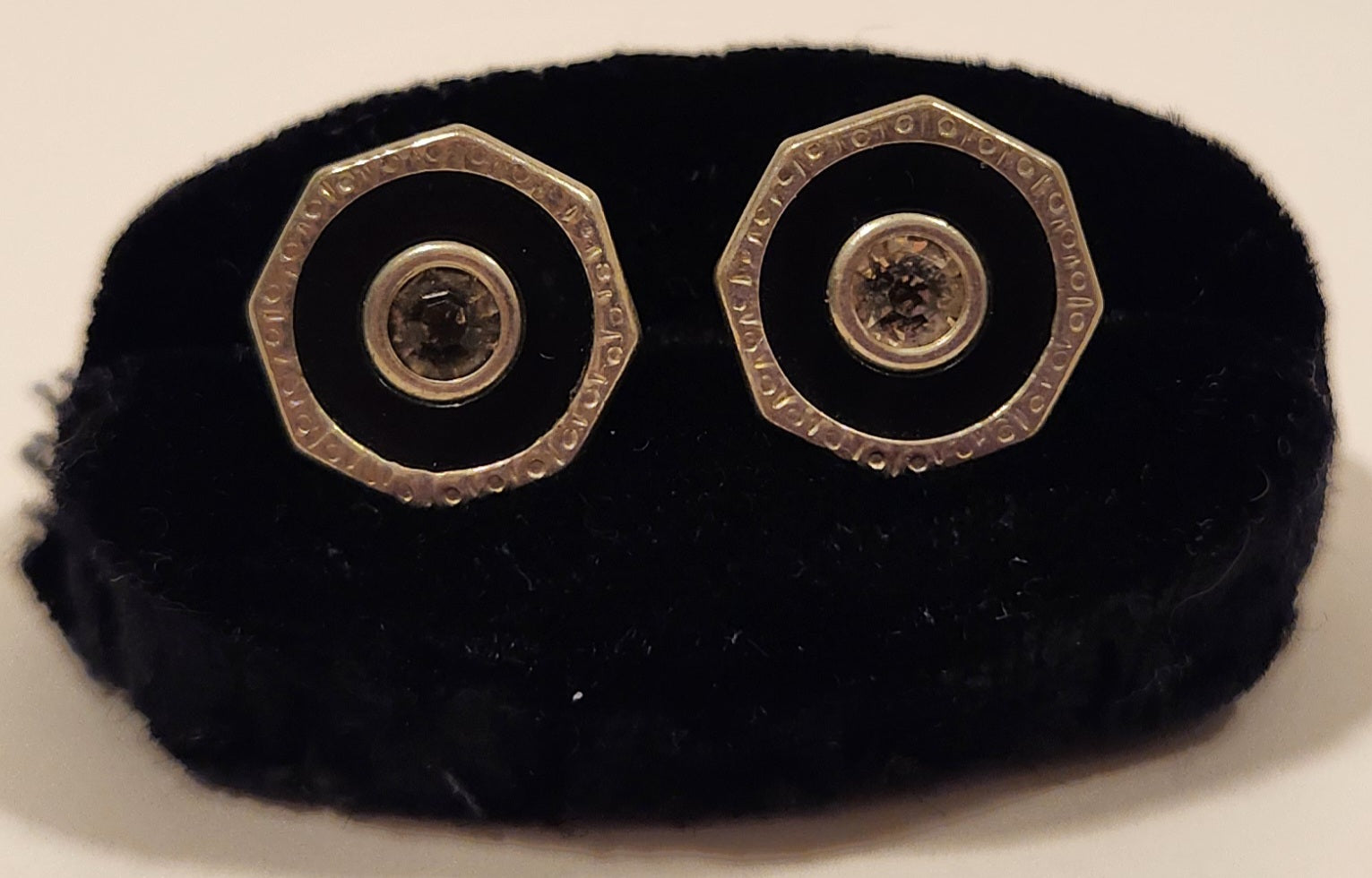 Antique Edwardian Black Enamel Rhinestone Octagonal Shaped Silver Tone Cufflinks