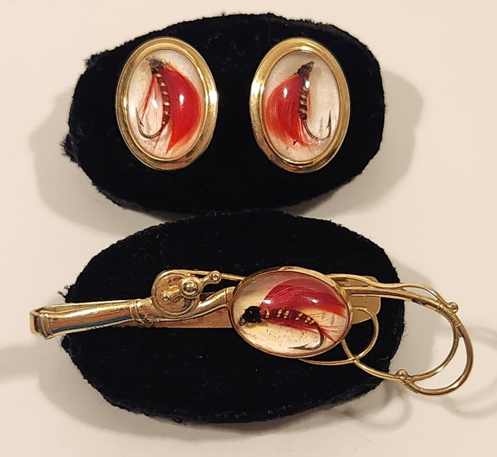 Vintage Anson Fly Fishing Red Fly Glass Gold Tone Cufflinks and Tie Clip Set