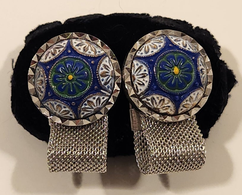 Vintage 1970s Envoy Blue Green White Concho Silver Tone Mesh Wrap Cufflinks