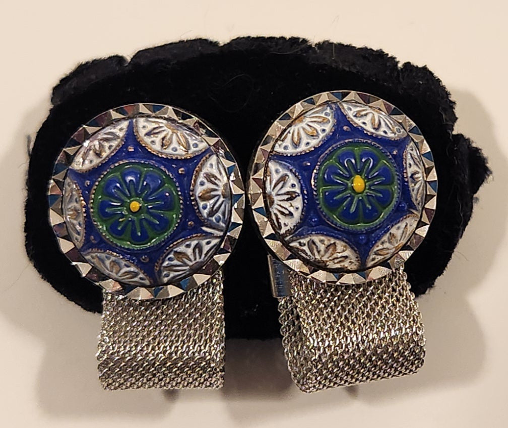 Vintage 1970s Envoy Blue Green White Concho Silver Tone Mesh Wrap Cufflinks 2