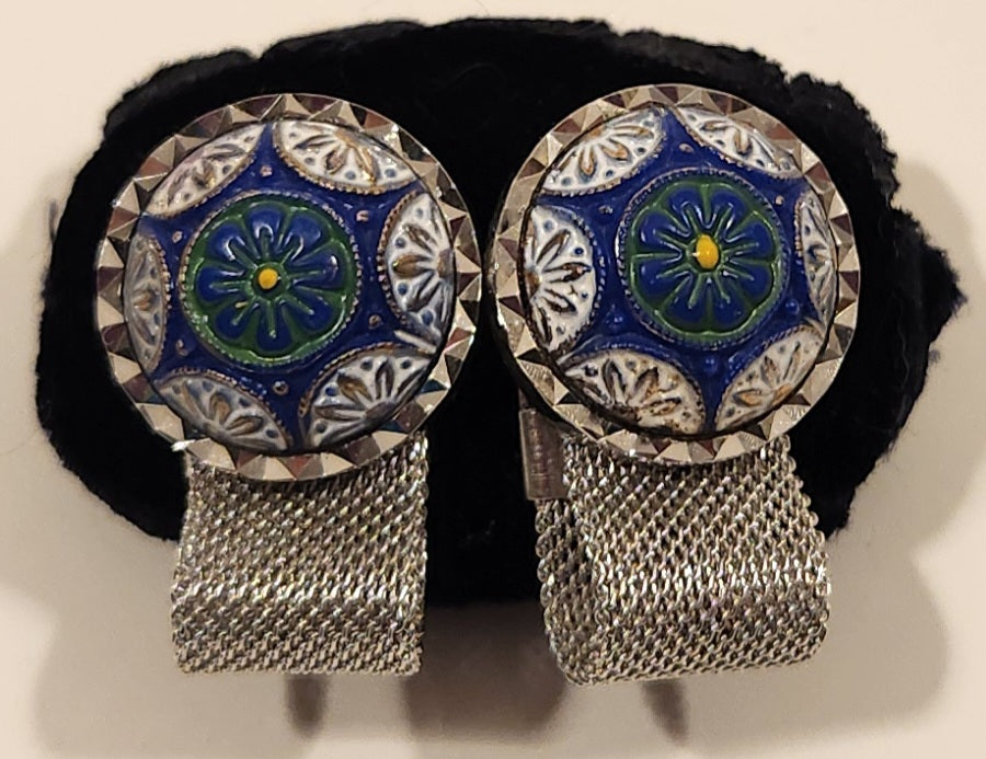 Vintage 1970s Envoy Blue Green White Concho Silver Tone Mesh Wrap Cufflinks 3