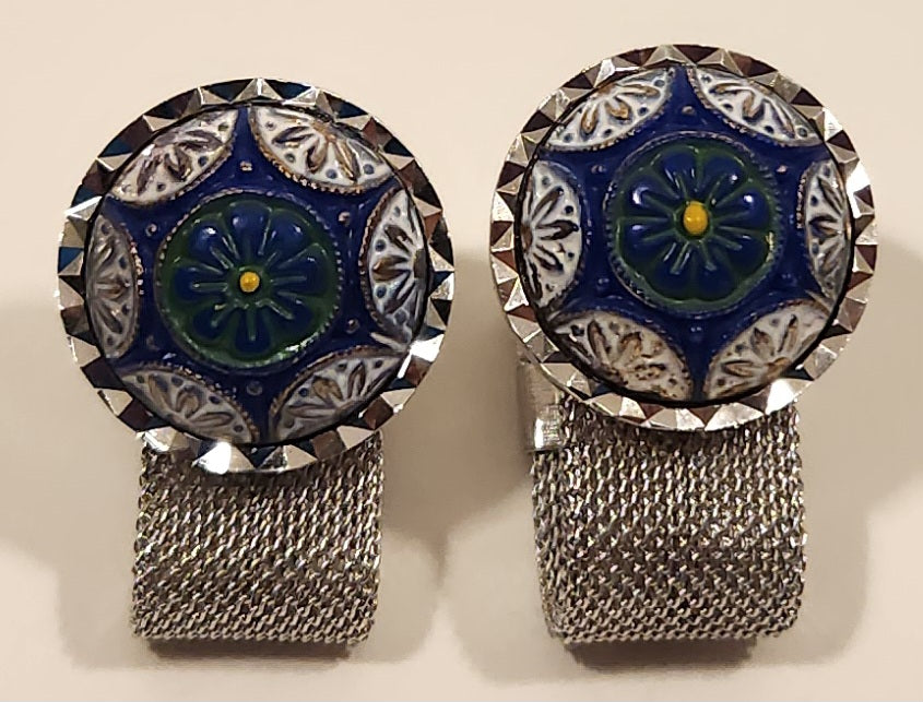 Vintage 1970s Envoy Blue Green White Concho Silver Tone Mesh Wrap Cufflinks 4