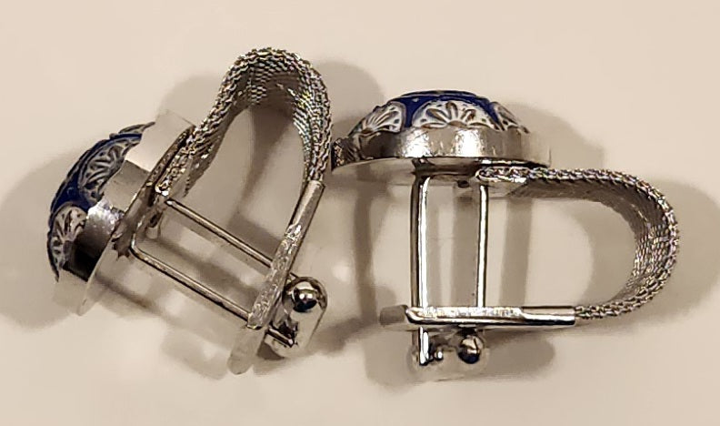 Vintage 1970s Envoy Blue Green White Concho Silver Tone Mesh Wrap Cufflinks 6