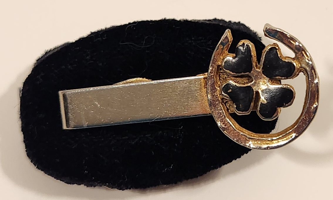 Vintage Horse Shoe with Black Enamel 4 Leaf Clover Gold Tone Tie Clip