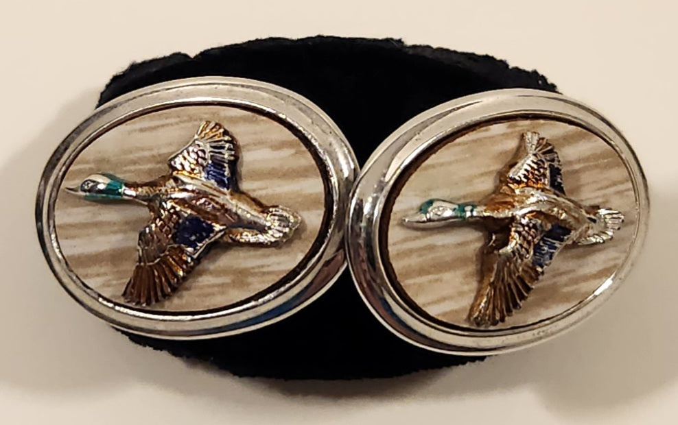 Vintage Mounted Gold Green Mallard Ducks Silver Tone Cufflinks