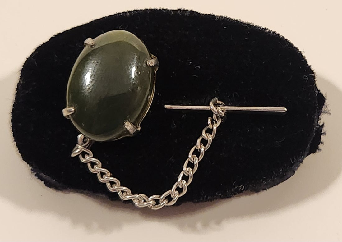 Vintage Dark Green Jade Metal Tie Tack Pin with Chain