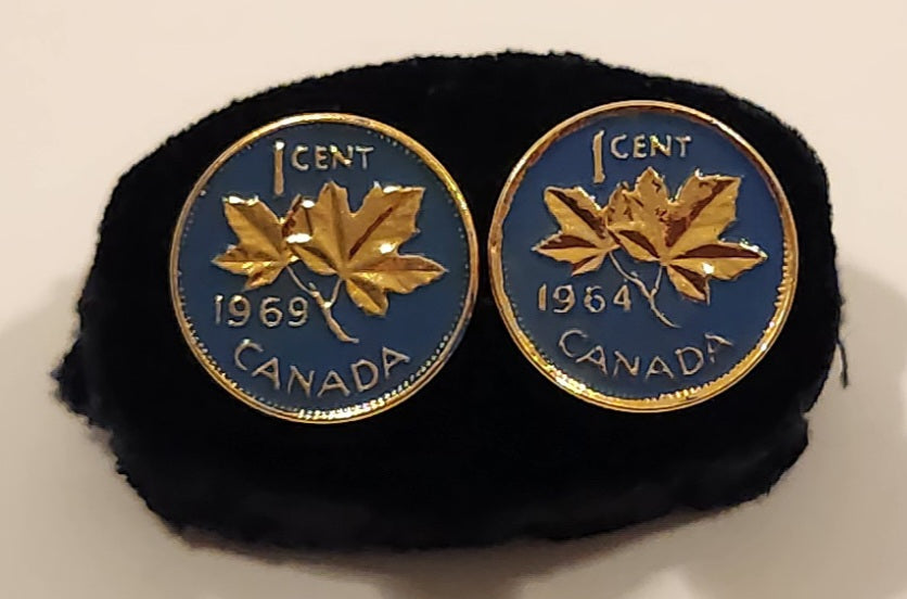 Vintage 1964 & 1969 Canada 1 Cent Penny Coin Blue Enamel Gold Plated Cufflinks