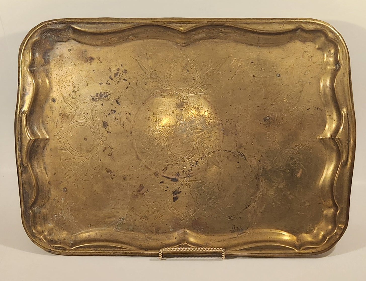 Vintage Ornately Engraved 13 1/2" x 19" Brass Metal Serving Tray Made in India