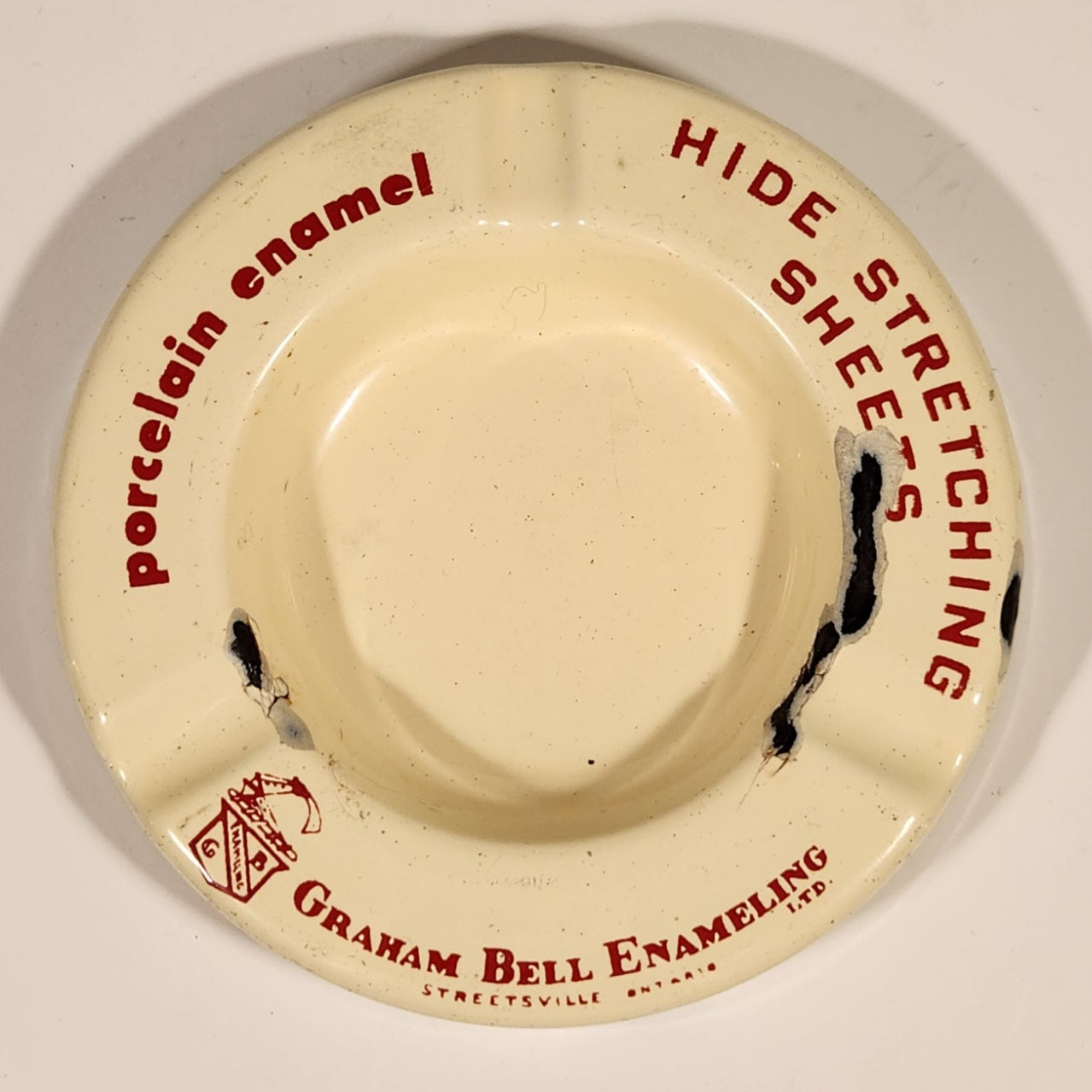Rare Antique 1940s 1950s Graham Bell Enameling Ltd. Streetsville Ontario Hide Stretching Sheets White Porcelain Enamel Advertising Ashtray 2