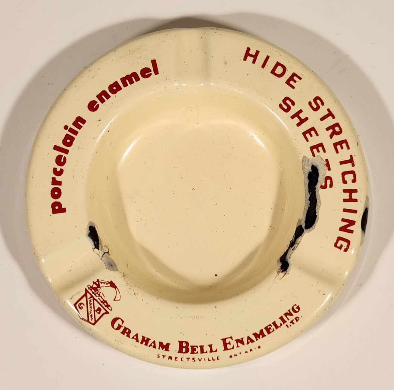 Rare Antique 1940s 1950s Graham Bell Enameling Ltd. Streetsville Ontario Hide Stretching Sheets White Porcelain Enamel Advertising Ashtray