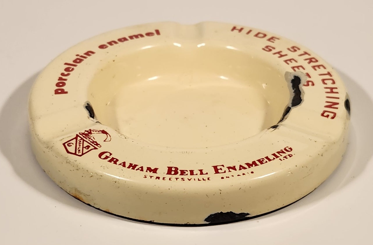 Rare Antique 1940s 1950s Graham Bell Enameling Ltd. Streetsville Ontario Hide Stretching Sheets White Porcelain Enamel Advertising Ashtray 3