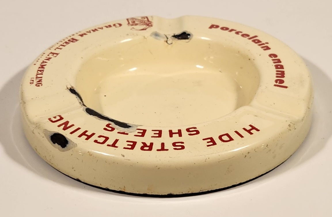 Rare Antique 1940s 1950s Graham Bell Enameling Ltd. Streetsville Ontario Hide Stretching Sheets White Porcelain Enamel Advertising Ashtray 4