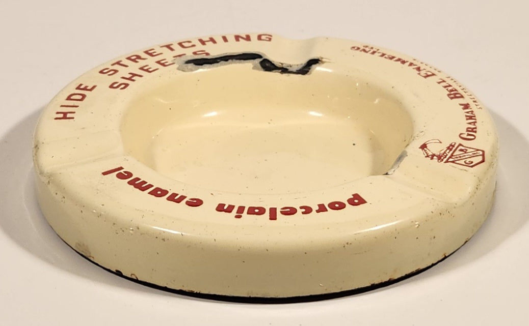 Rare Antique 1940s 1950s Graham Bell Enameling Ltd. Streetsville Ontario Hide Stretching Sheets White Porcelain Enamel Advertising Ashtray 5